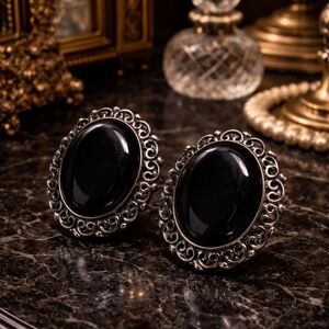 Vintage Black Glass Cabochon Clip-On Earrings Ornate Silver  Filigree Victorian